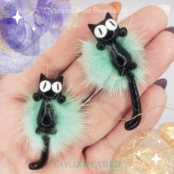 Black Cat + Pom Pom Earrings - Image 13